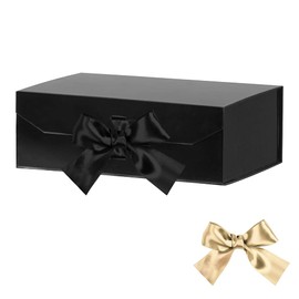 GoooodGift Black Gift Box for Presents 10x7.3x3.5 Inches, Decorative Box with Ribbon, Empty Gift Box with Lid Magnetic Closure, Groomsman Box (Glossy Black)