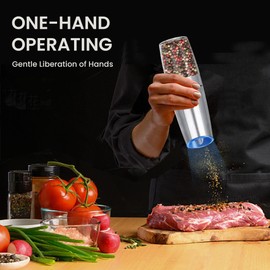 BELRIGO Battery Operated Salt And Pepper Grinder Set with LED Light, Automatic Electric Gravity Salt And Pepper Shakers Set, Each 6 AAA Batteries Needed, Adjustable Roughness, 1 Pack (Silver)