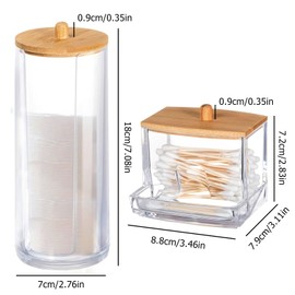 Pack of 2 Cotton Buds Holder, Cotton Buds Storage, Cotton Pad Holder with Bamboo Lids, Transparent Storage of Cotton Pads, for Living Room, Bedroom, Bathroom