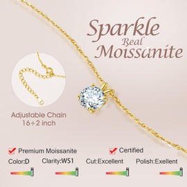 SecreTalk 1-5CT Moissanite Pendant Necklace for Women, 4-Prong 925 Sterling Silver D Color Necklace with Certificate of Authenticity (3CT, Gold Plated Silver)