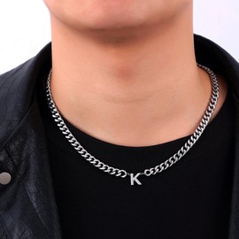 Fiusem Initial Necklace for Men, Silver Tone Cuban Link Chain for Men with Small Letter Necklace Pendant, Mens Necklace Jewelry Letter K