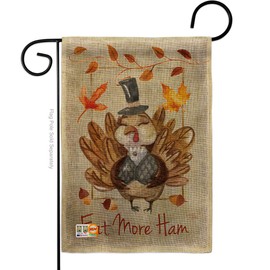 Eat More Burlap Garden Flag Falltime Thanksgiving Turkey Give Thanks Gobble Pumpkin Season Autumntime Cornucopia Small Decorative Gift Yard House Banner Double-Sided Made In USA 13 X 18.5