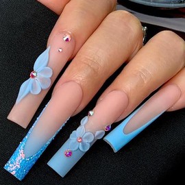Blue Press on Nails Long Coffin Fake Nails French Tip False Nails with Designs Flower Glue on Nails Rhinestones and Glitter Glossy Stick on Nails Long Square Artificial Nails for Women Girls 24pcs