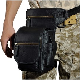 Le'aokuu Mens Genuine Leather Messenger Riding Hip Bum Waist Pack Drop Leg Cross Over Thigh Bag (3110 1 Black)
