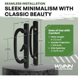 Wynn Hardware 8.5" Legacy Sliding Patio Door Handle Set – Fits 3-15/16" Hole Spacing, 45° Mortise Lock, Non-Keyed, Center Latch, Black, Sash Controls 2265 – for 1-1/4" to 2-1/4" Thick Doors
