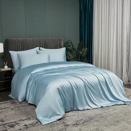 Bamboo Bed Linen Blue Light Blue 135 x 200 cm Smooth Luxury Summer Bed Linen Breathable Cooling 100% Natural Bamboo Bedding Set Single Bed Duvet Cover with Zip and 1 Pillowcase 80 x 80 cm