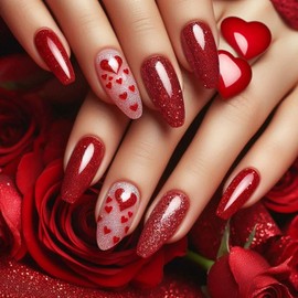 Valentines Press On Nails Medium Almond Fake Nails With Heart Designs Red Valentines Nails Press Ons Heart False Nails Acrylic Glue On Nails Glossy Full Cover Stick On Nails For Women