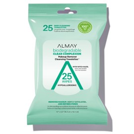 Almay Makeup Remover Cleansing Towelettes, Biodegradable Clear Complexion Wipes for Oily and Acne Prone Skin, Hypoallergenic, Cruelty Free, Fragrance Free, 25 Count