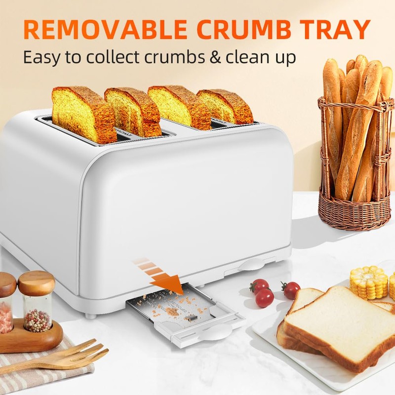 RAMJOY White Toaster 4 Slice, Dual Independent Controls, Extra Wide