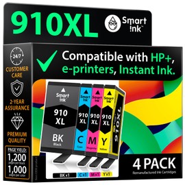 Smart Ink Remanufactured Ink Cartridge Replacement for HP 910XL 910 XL (4 Combo Pack) to use with HP OfficeJet Pro 8025e 8028e 8035e 8025 8028 8035 OfficeJet 8015e 8022e 8015 8022 Printers (BK/C/M/Y)