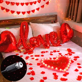 Valentine's Day Decor 2000 Pcs Artificial Rose Petals with 24 Romantic Heart LED Tea Lights Candles 3 Heart Love Sign Foil Balloons for Wedding Anniversary Romantic Special Night Decorations (Red)