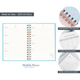 Matilda Myres 2025 A5 Week to View Rose Gold Spiral Bound January to December Hardback Diary - Blue