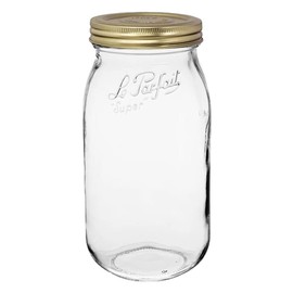 Le Parfait Screw Top Jar Wide Mouth French Glass Jar | Ideal for Food and Soup Storage, Canning, Flour, Brown Sugar, and other Baking Supplies (2L/64oz, Single, Gold)