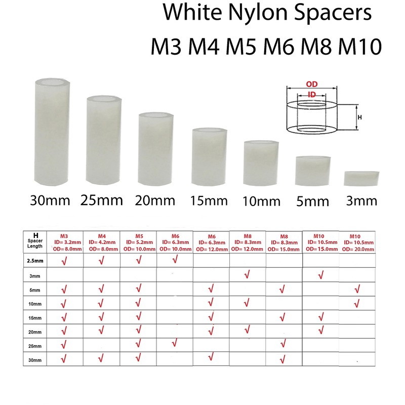 M8 x 10mm White Nylon SPACERS Plastic Standoff Washers Outside