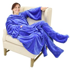 Catalonia Wearable Fleece Blanket with Sleeves and Foot Pockets for Adult Women Men, Micro Plush Comfy Wrap Sleeved Throw Blanket Robe Large, Blue