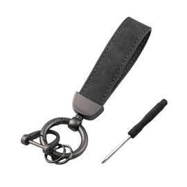 Kewucn Genuine Leather Car Keychain, Universal Heavy Duty Metal Auto Key Fob Holder with Anti Lost D-Ring for Men Women (Black-Gray)