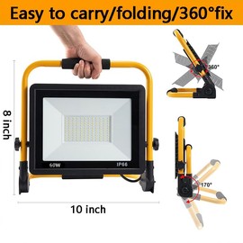 Yellow-60W-1PACK Portable 6600 LM Led Work Light with 10-Foot Cord and Stand, Waterproof Design for Indoor/Outdoor Garage Use - Available in White/Black and Yellow/Black Styles