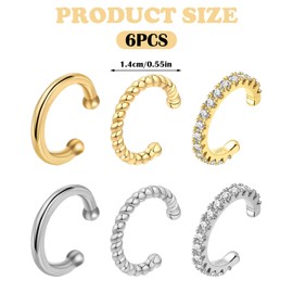 LIURFLNC Pack of 6 Earcuffs, Gold, Ear Cuff, Ear Cuff, Fake Earrings, Fake Piercings, Ear Clip, Fake Helix Non Piercing Cartilage Wrap Cuff Set for Women (Gold and Silver), Gold, silver.