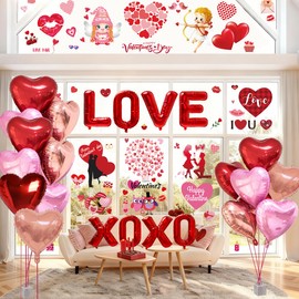 WOHOHOHO 181Pcs Valentines Day Window Clings Decorations, 10 Sheets Valentine's Day Window Stickers, LOVE & XOXO Banner, 12Pcs Heart-Shaped Balloons. Happy Valentine's Romantic Gifts for Home Office