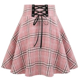 Kinghua Pink Plaid Skirt for Women 2023 Trendy High Waisted A Line Pleated Lace Up Fall Winter Wool Mini Skirt (Pink, Medium)