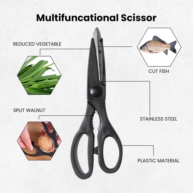 HiFEN® Black Stainless Steel Kitchen Scissors - Steel Scissors with