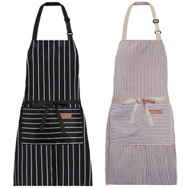 XIEJINJIA 2 Pack Adjustable Apron with Pockets Kitchen Restaurant Cooking Baking Garden for Women Men Black Stripes/Brown Pinstripes, Black stripes/brown pinstripes