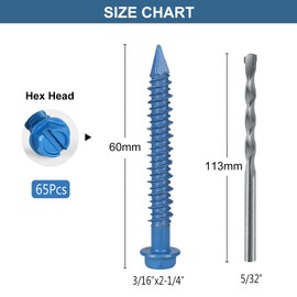 VGBUY 3/16x2-1/4 Inch 65Pcs Hex Head Concrete Screws, Screws Anchor with Drill Bit,for Masonry, Block, Brick, Cement, Stucco, No Pre Drilling, Diamond Point