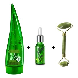 Alóe Vera Gel Regenerador + Suero Té Verde + Rodillo Jade Seca Día/noche