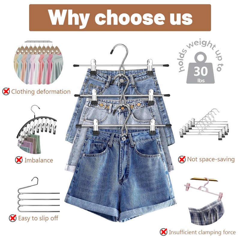 Pants Hangers Space Saving,Stackable Skirt Hangers with Clips, Hanging Closet