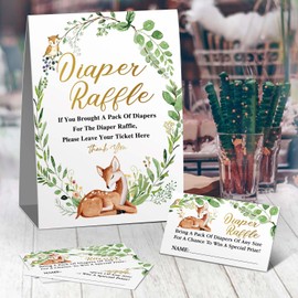 skuhyyg Diaper Raffle Sign, Diaper Raffle Baby Shower Game Decorations Set(1 Sign + 50 Cards), Green Eucalyptus Deer Woodland Forest Animals Insert ticket，Neutral Boy Girl-01