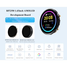 RP2350 1.43inch AMOLED Touch Display Development Board, 466x466, SPI Interface, RP2350 Chip with AMOLED Screen, Onboard Rich Interfaces, for Development of RP2350 HMI Applications (No Case)