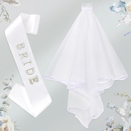 On-Airstore Bride To Be Sash and Bride Veil for Bachelorette Party Favors Accessories Bachelorette Gifts for bride White Pearl Satin Sash and Wedding Veil for Bridal Shower Gifts Decorations