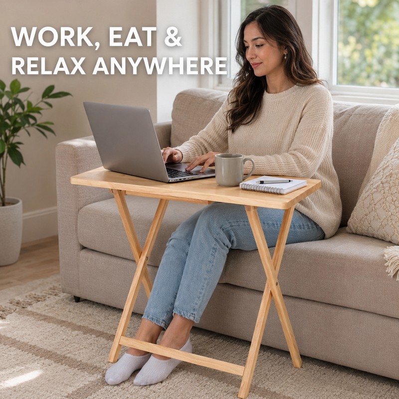 Natural Folding Rubberwood TV Tray Table - Space-Saving Snack &