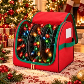 Christmas Lights Storage Bag with U-Shaped Zipper, Oxford Fabric Holiday Decoration Organizer for Seasonal Storage, Red