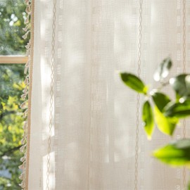 Sutuo Home Boho Curtains 72 inches Long for Bedroom Kitchen, Semi Blackout Cream Linen Farmhouse Shabby Chic Tassels Window Treatment Bohemian Embroidery Drape, Rod Pocket 1 Panel 52" W x 72" L, White