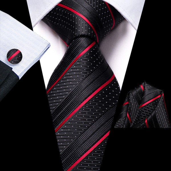 Barry Wang Mens Tie Red & Black Necktie Handkerchief Cufflinks