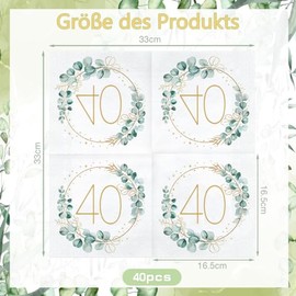 40. Geburtstag Deko Servietten, 40 St√ºck Servietten Eukalyptus Geburtstag, Servietten Gold Gr√ºn, Papierservietten f√ºr 40 Geburtstag Mann Frau Geburtstag Party Jiaju, f√ºr die Dekoration