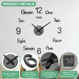 M METERXITY 1-Pack 3D DIY Wall Clock,28 Inch Modern Frameless Silent Clock Decor with Number Sticker for Living Room/Office/Home/Surface Wall Decor [Black]
