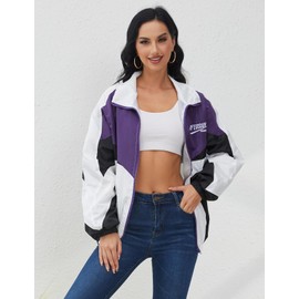 Wyeysyt Women's Y2k Jacket Zip Up Lightweight Windbreaker Jacket Varsity Oversized Vintage Sport Jacket Y2k Clothes Outerwear(Purple-XL)