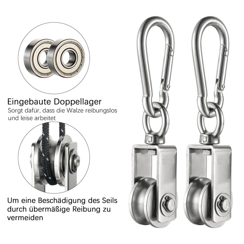 Set of 2 pulley steel cable with M7 carabiner hook,