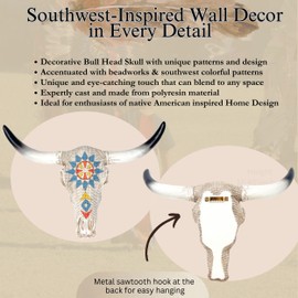 BestGiftEver Wall Sculpture White Beaded Bull Skull with Tribal Aztec Patterns - Steer Head Southwestern Rustic Wall Decor - Cow Skull Western Native American Home Decor for Hunting Enthusiasts