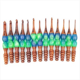 Crochet Hooks (Set of 13) Wooden Handcrafted – Ergonomic, Blue Green Colorful Epoxy Resin, Lacquered Polished – Sizes 3.5mm to 12mm | Comfortable Grip Crochet | Crocheting and Knitting Gifts Ideas