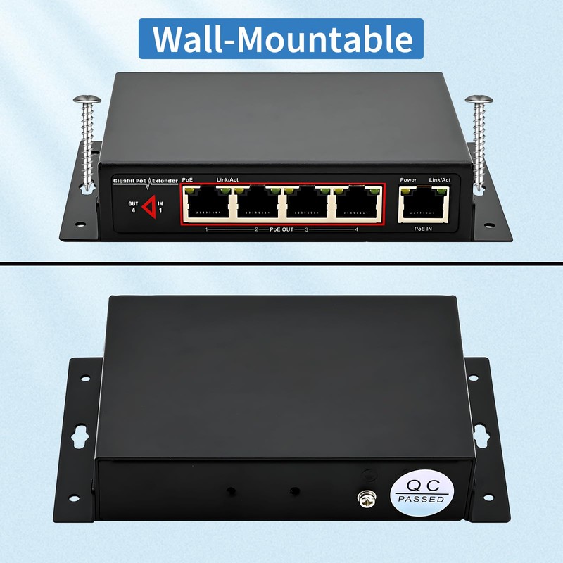 60W 4-Port Gigabit PoE Switch/Extender PoE Splitter Repeater, 10/100/1000Mbps, Supports