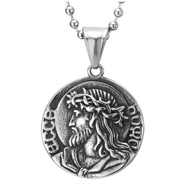 COOLSTEELANDBEYOND Men's Stainless Steel Crown of Thorns Jesus Christ Virgin Mary Mary Coin Circle Double-Sided Medal Pendant Necklace, Stainless steel, metal, Non-applicable