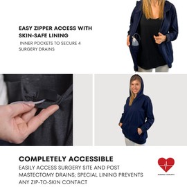 Inspired Comforts Mastectomy - Sudadera con capucha y bolsillos de drenaje, manga completa, Marino, XXL