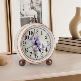 Maxspace 5.2in Vintage Alarm Clock, Silent Non-Ticking Tulips Analog Clock & Battery Operated Table Clocks with HD Glass, Desk Clock Decor for Bedroom Living Room (Purple)