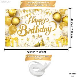 KatchOn, Gold Happy Birthday Sign - XtraLarge, 72x44 Inch | Shiny Happy Birthday Backdrop for White and Gold Birthday Decorations | Gold Happy Birthday Banner, Happy Birthday Decorations for Women