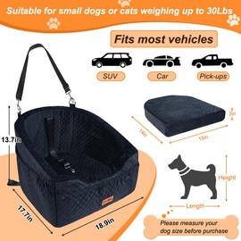 Vivifying Dog Car Seat for Small & Medium Dogs, Detachable & Washable Booster Seat for Pets Up to 30lbs, Travel Bed with Storage Pockets and Safety Belt – Black