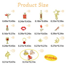 Pizadix 100 Pcs Gold Red Nail Charms Y2K with Lipsticks, Wine Bottles, Wine Cups, Lips, Tulips, Stars, High Heels, Perfume Bottle