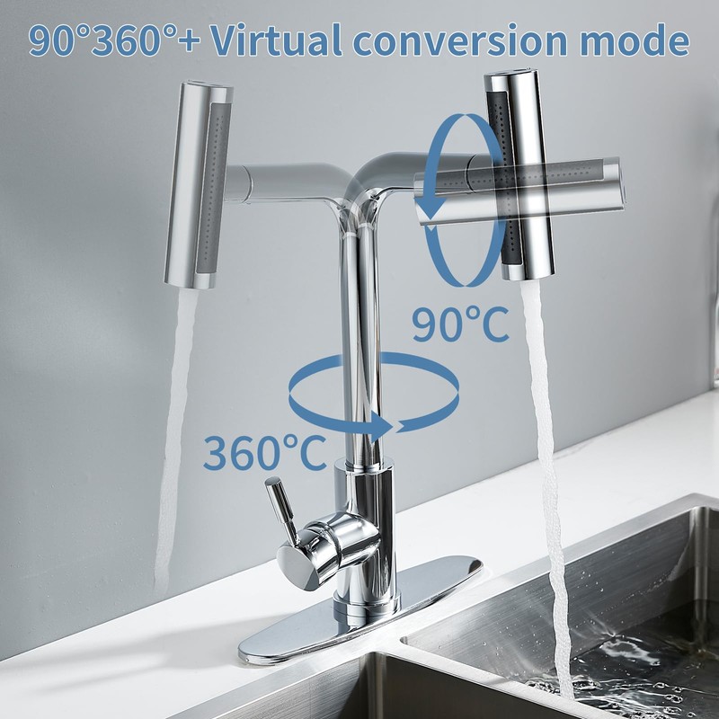 Kitchen Faucet Pull Down 4 Modes(Sweep/Stream/Waterfall/Rainfall) Chrome Kitchen Faucets Pull